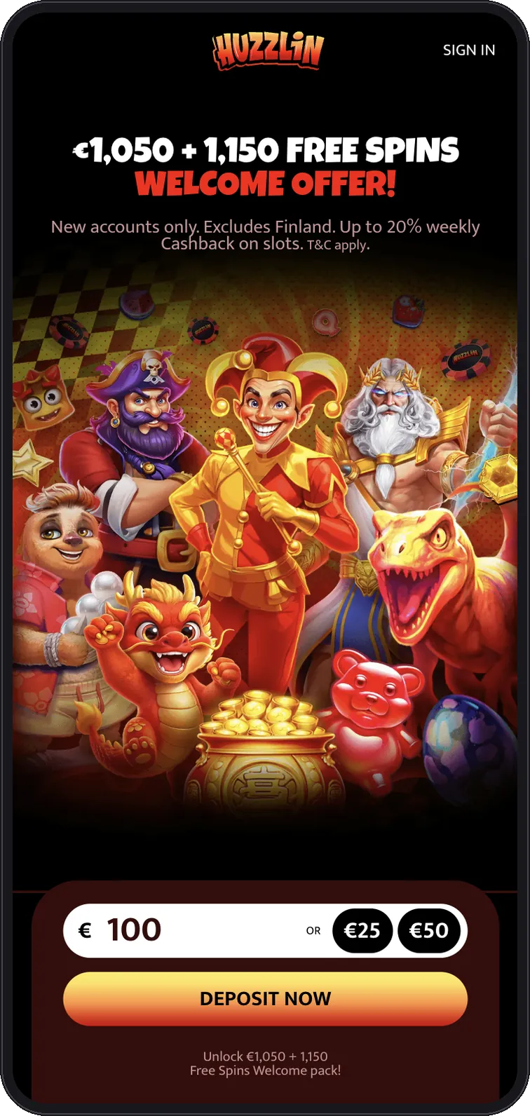 Huzzlin Casino velkomstpakke 1.050 EUR + 1.150 free spins på mobilen