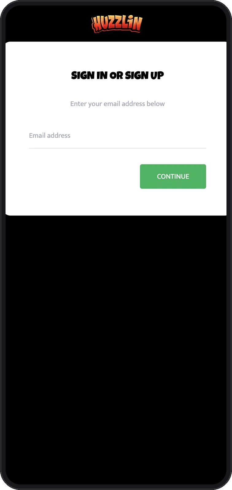 Huzzlin Casino login-side på mobilen