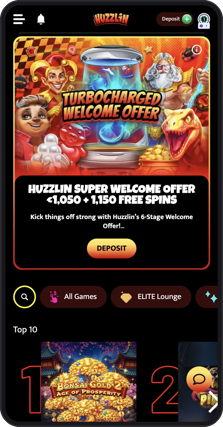 Huzzlin Casino mobil-lobby med spilleautomater og live casino